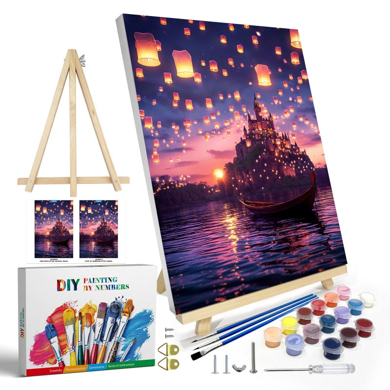 JOOZ Paint by Numbers Kit for Adults with Frame Castle Paint by Number with Easel DIY Sunset Boat Easy Paint by Numbers Landscape for Home Wall Decor 8 x 12 Inch