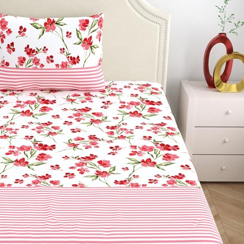 Home Ecstasy 100% Cotton Single Bedsheet with 1 Pillow Cover - (Size 59 x 87 inches, 140 TC, Colour - Pink: Rosy Charm) - Image 3