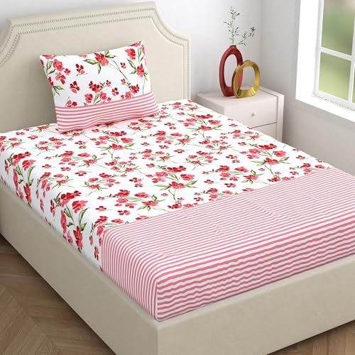 Home Ecstasy 100% Cotton Single Bedsheet with 1 Pillow Cover - (Size 59 x 87 inches, 140 TC, Colour - Pink: Rosy Charm) - Image 1