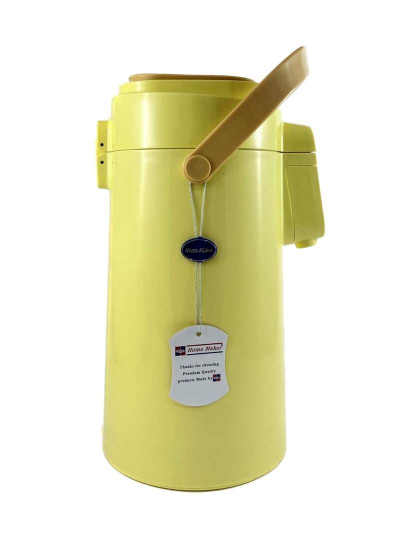 Home Maker - Tea & Coffee Vacuum Flask With Pump, Insulated Double Wall Glass 2.2 Litre Capacity - Yellow - Image 1