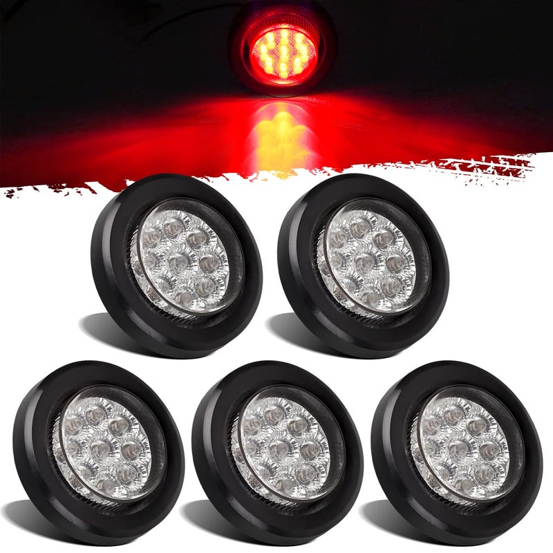 Partsam 5x 2 LED Marker Light Cab Panel Light 2 inch Red 9 LED Round Clearance Lights w GrommetPigtail for Trailer Truck RV Camper Clear Lens