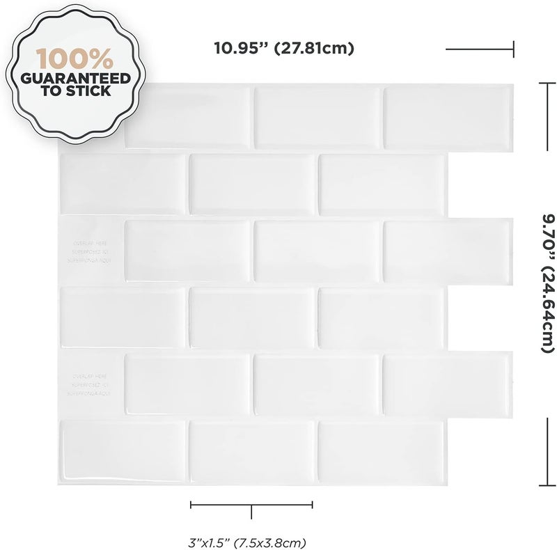 Smart Tiles بلاط خلفية لاصق وقابل للتقشير - 10 ورقات بحجم 10.95" × 9.70" - بلاط خلفية لاصق ثلاثي الأبعاد للمطبخ، الحمام، بلاط الجدران، أبيض مترو - Image 3