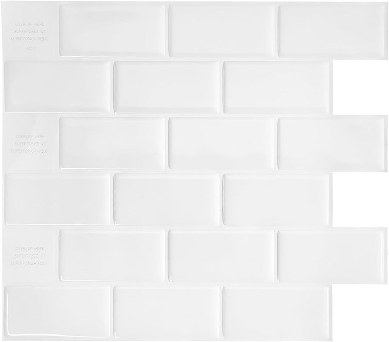 Smart Tiles بلاط خلفية لاصق وقابل للتقشير - 10 ورقات بحجم 10.95" × 9.70" - بلاط خلفية لاصق ثلاثي الأبعاد للمطبخ، الحمام، بلاط الجدران، أبيض مترو - Image 1