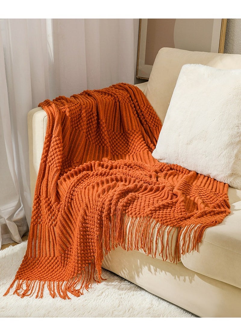 Loquat Tassel Design Textured Soft Throw Blanket Keep Warm Caramel - Image 1