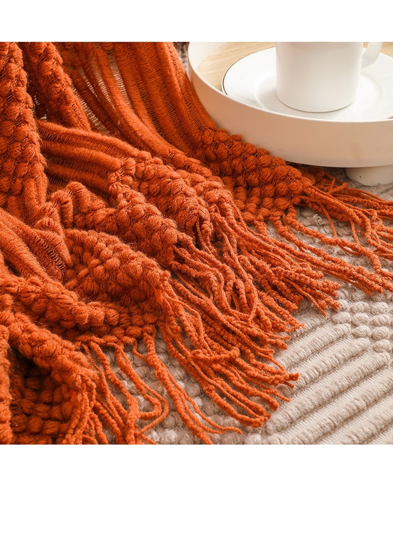 Loquat Tassel Design Textured Soft Throw Blanket Keep Warm Caramel - Image 3