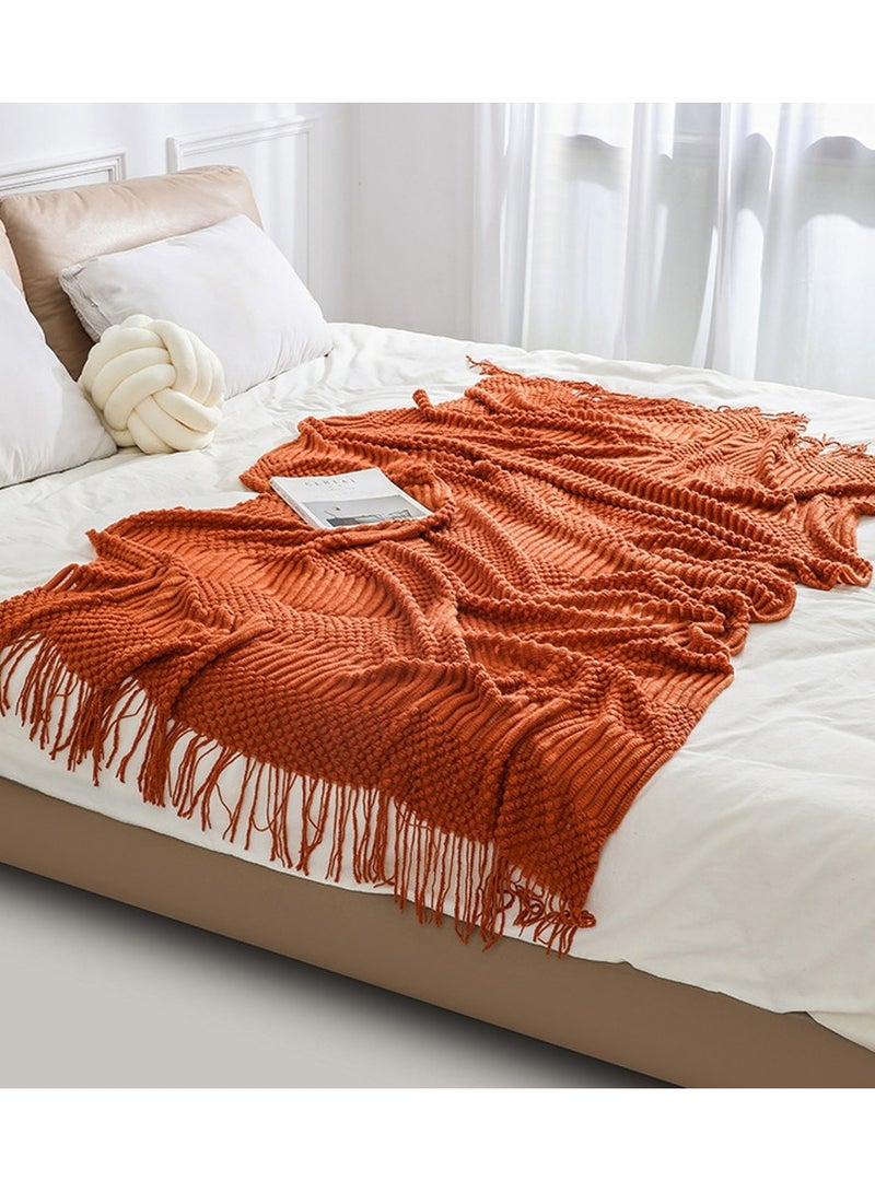 Loquat Tassel Design Textured Soft Throw Blanket Keep Warm Caramel - Image 2