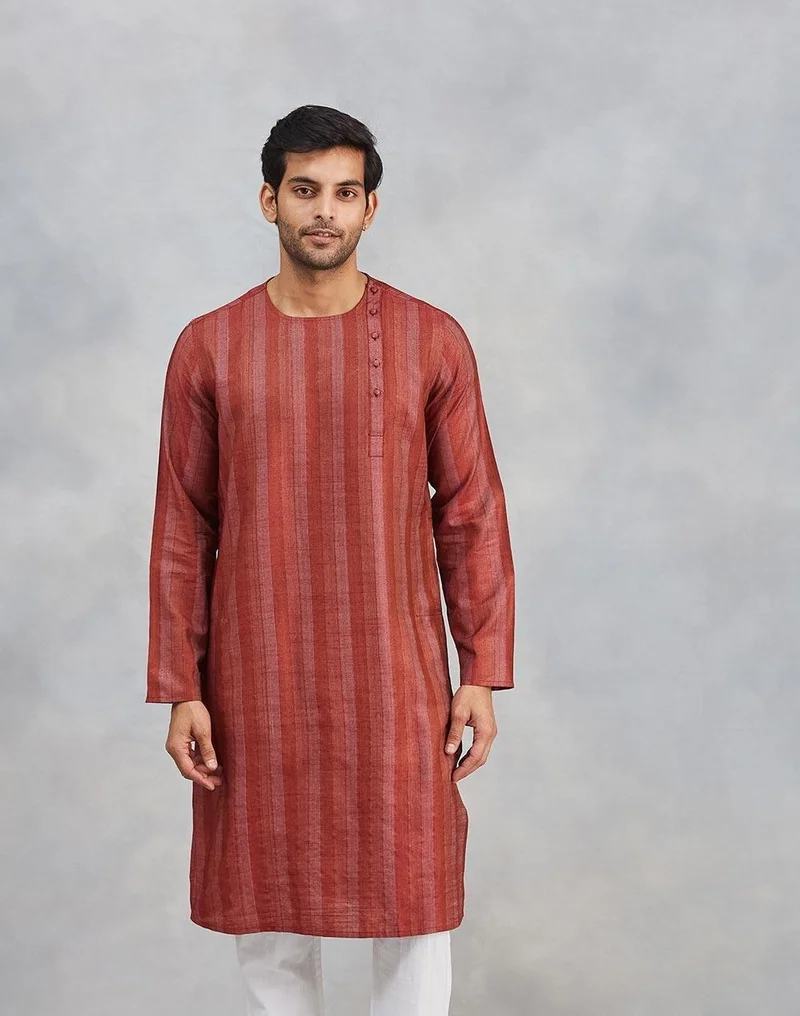 Fabindia Maroon Viscose Blend Dobby Slim Fit Long Kurta