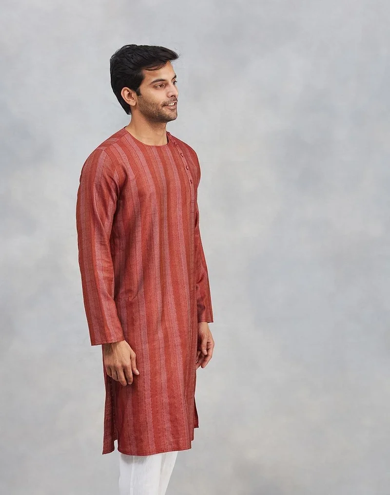 Fabindia Maroon Viscose Blend Dobby Slim Fit Long Kurta