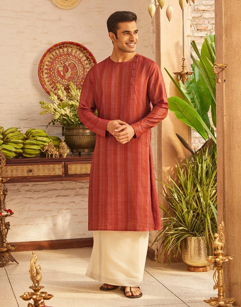 Fabindia Maroon Viscose Blend Dobby Slim Fit Long Kurta