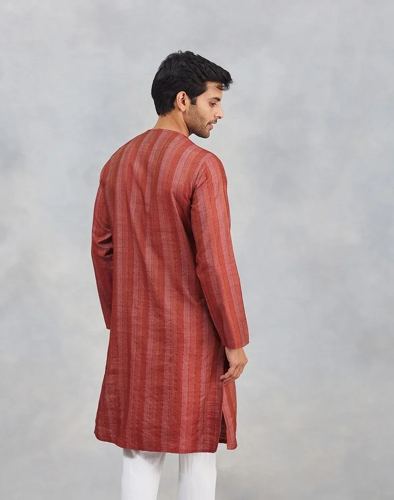 Fabindia Maroon Viscose Blend Dobby Slim Fit Long Kurta