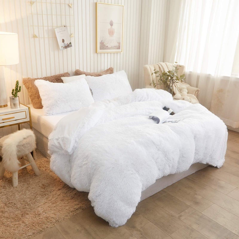 XeGe Plush Shaggy Duvet Cover Luxury Ultra Soft Crystal Velvet Fuzzy Bedding 1PC1 Faux Fur Duvet Cover Fluffy Furry Comforter Cover with Zipper ClosureQueen White