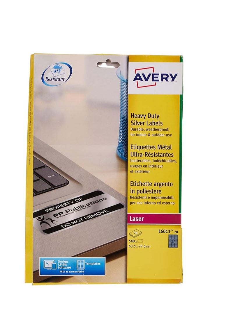 AVERY L6011-20 (63.5 X 29.6Mm) Extra-Strong Adhesive Silver Heavy Duty Labels, 27 Labels Per A4 Sheet - Image 2