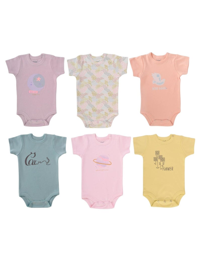 Junior Baby Half Sleeve Bodysuits, 6-Pack, Multiple Designs, 100% Cotton - Baby Girl - Image 1