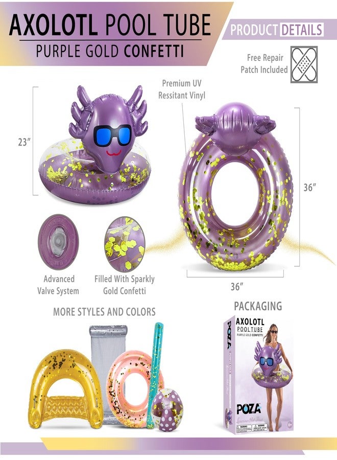 POZA Inflatable Axolotl Pool Float Tube - Sparkly Confetti-Filled Swim Lounger Float, UV-Resistant Vinyl Purple Gold Floating Pool Ring for Beach, Lake, Animal Swim Ring for Kids, Adults - 36 Inches - Image 3