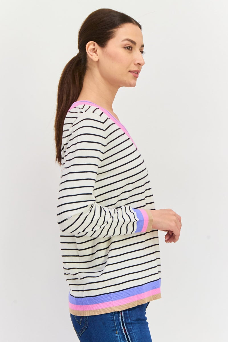 Jones New York Women V Neck Stripe Print Long Sleeves Sweater, White - Image 2