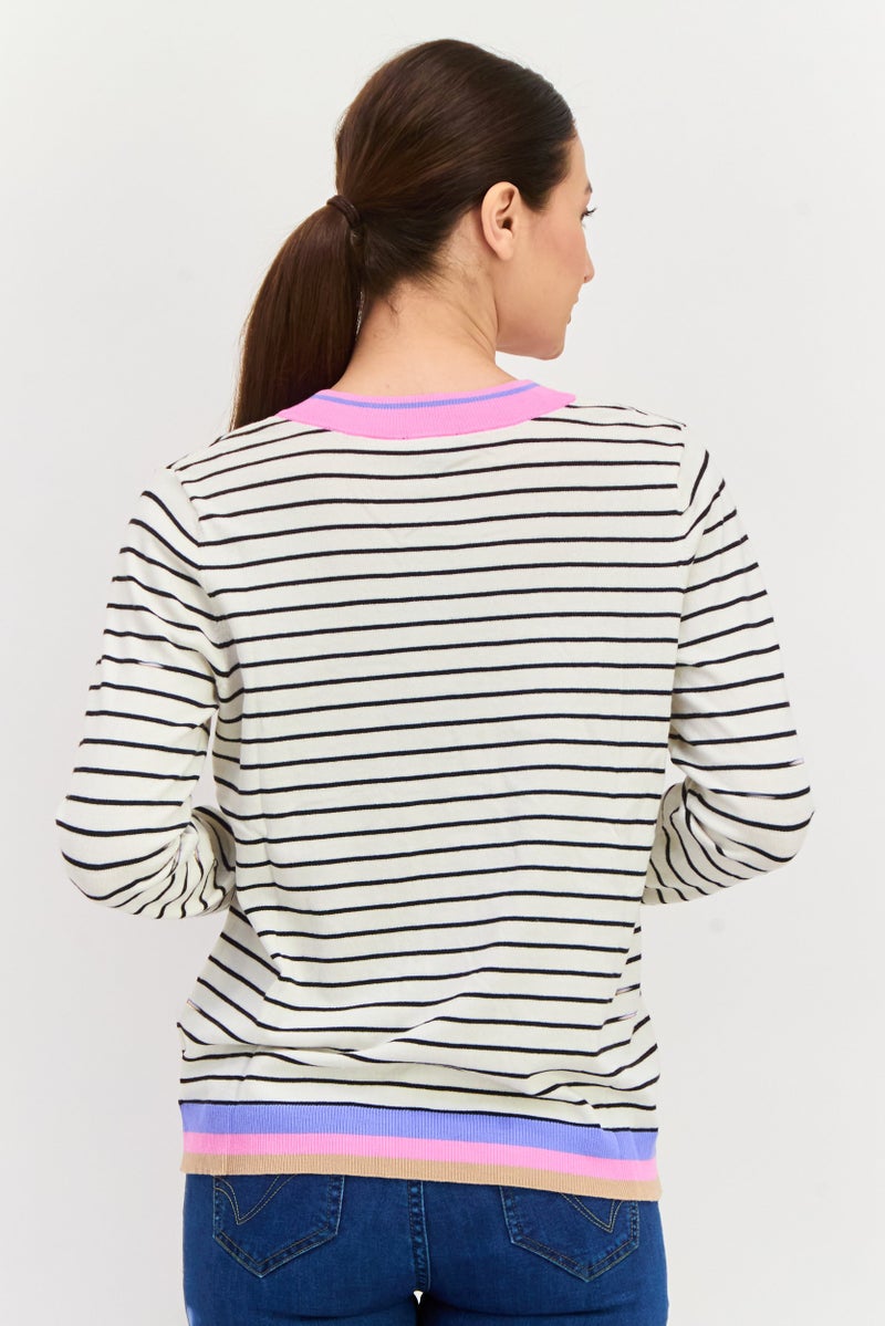 Jones New York Women V Neck Stripe Print Long Sleeves Sweater, White - Image 3