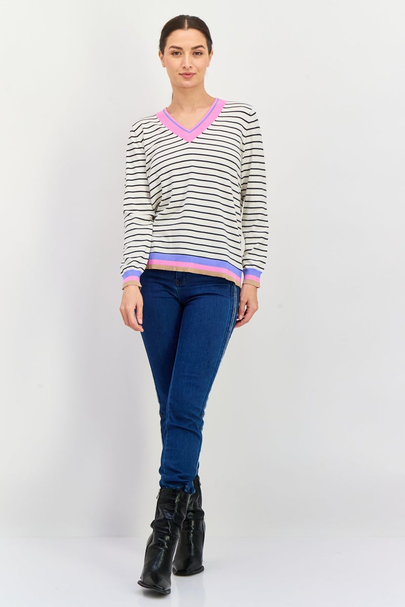 Jones New York Women V Neck Stripe Print Long Sleeves Sweater, White - Image 4