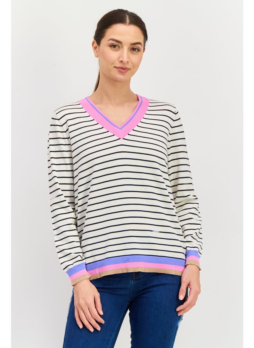 Women V Neck Stripe Print Long Sleeves Sweater, White - pzsku/Z4FB01B90843C8D397A8DZ/45/_/1737641540/46de53a9-d045-40be-b1bb-57759426d22b