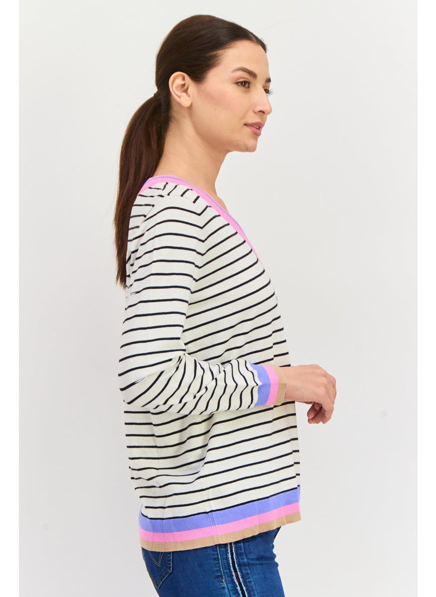 Women V Neck Stripe Print Long Sleeves Sweater, White - pzsku/Z4FB01B90843C8D397A8DZ/45/_/1737641548/d8b69b98-1d8b-46a4-8dd3-1e4d59579cb1