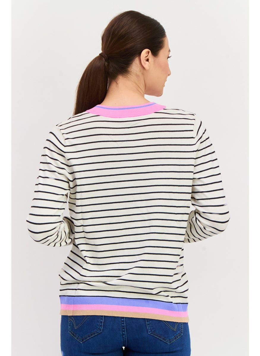 Women V Neck Stripe Print Long Sleeves Sweater, White - pzsku/Z4FB01B90843C8D397A8DZ/45/_/1737641554/baba414b-d9d1-4a74-b006-c46e129200df