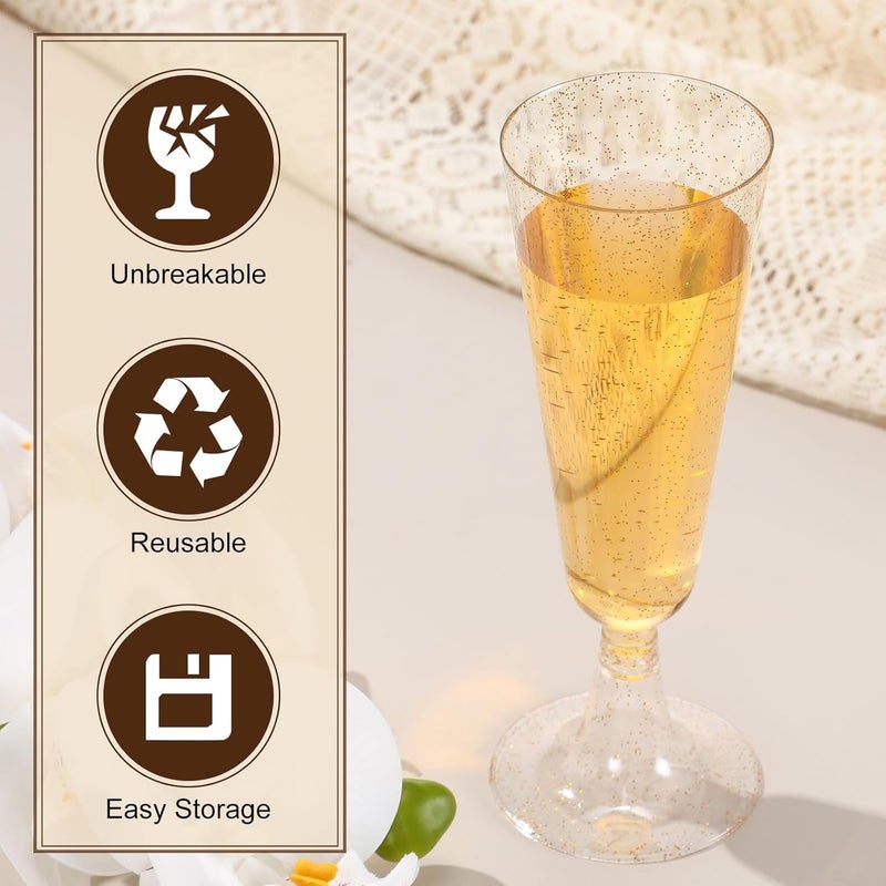 Chengu 150 Pcs Plastic Champagne Flutes Bulk 5 Oz Toasting Flutes Wine Glasses Disposable Champagne Glasses Reusable Cocktail Cups for Wedding Celebration Party Toasting Drinking (Glitter Gold) - Image 3