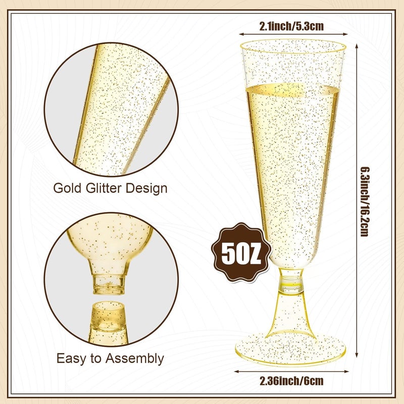 Chengu 150 Pcs Plastic Champagne Flutes Bulk 5 Oz Toasting Flutes Wine Glasses Disposable Champagne Glasses Reusable Cocktail Cups for Wedding Celebration Party Toasting Drinking (Glitter Gold) - Image 2