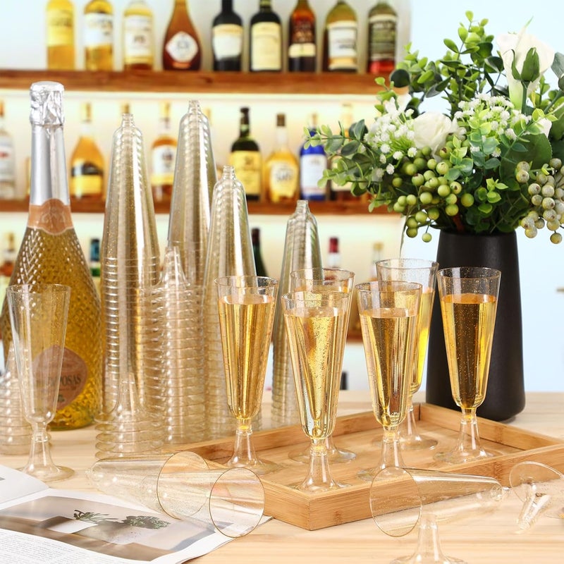 Chengu 150 Pcs Plastic Champagne Flutes Bulk 5 Oz Toasting Flutes Wine Glasses Disposable Champagne Glasses Reusable Cocktail Cups for Wedding Celebration Party Toasting Drinking (Glitter Gold) - Image 4