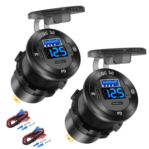 Hapytrip 2 PACK 12V USB Car Socket Round USB C 12V Outlet, 3-Port Marine Fast Charger Waterproof Cigarette Outlet Replacement Aluminum with Switch and Voltmeter, Suitable for Boat Golf Cart RV Motorcycle - Image 1