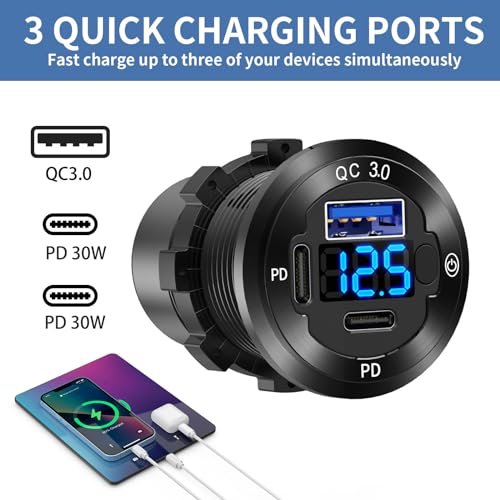 Hapytrip 2 PACK 12V USB Car Socket Round USB C 12V Outlet, 3-Port Marine Fast Charger Waterproof Cigarette Outlet Replacement Aluminum with Switch and Voltmeter, Suitable for Boat Golf Cart RV Motorcycle - Image 2