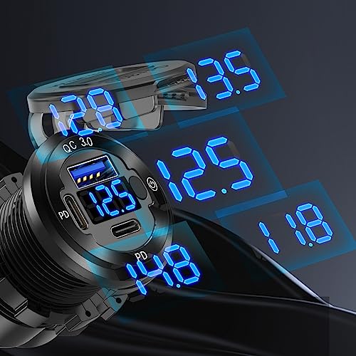 Hapytrip 2 PACK 12V USB Car Socket Round USB C 12V Outlet, 3-Port Marine Fast Charger Waterproof Cigarette Outlet Replacement Aluminum with Switch and Voltmeter, Suitable for Boat Golf Cart RV Motorcycle - Image 4
