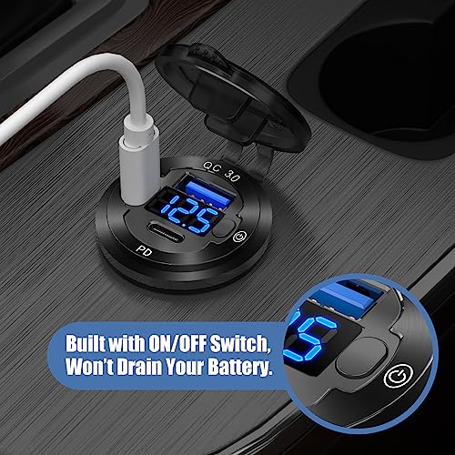 Hapytrip 2 PACK 12V USB Car Socket Round USB C 12V Outlet, 3-Port Marine Fast Charger Waterproof Cigarette Outlet Replacement Aluminum with Switch and Voltmeter, Suitable for Boat Golf Cart RV Motorcycle - Image 5