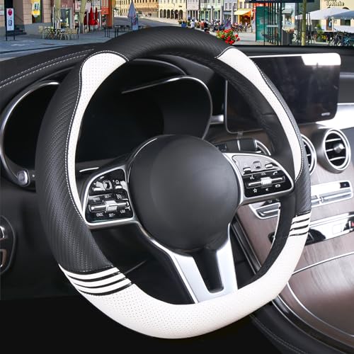 Binsheo Cute Steering Wheel Cover D Shape for Women Men Breathable Universal 15 inch,Black and White - Image 2