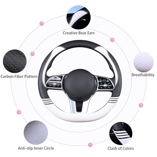 Binsheo Cute Steering Wheel Cover D Shape for Women Men Breathable Universal 15 inch,Black and White - Image 5