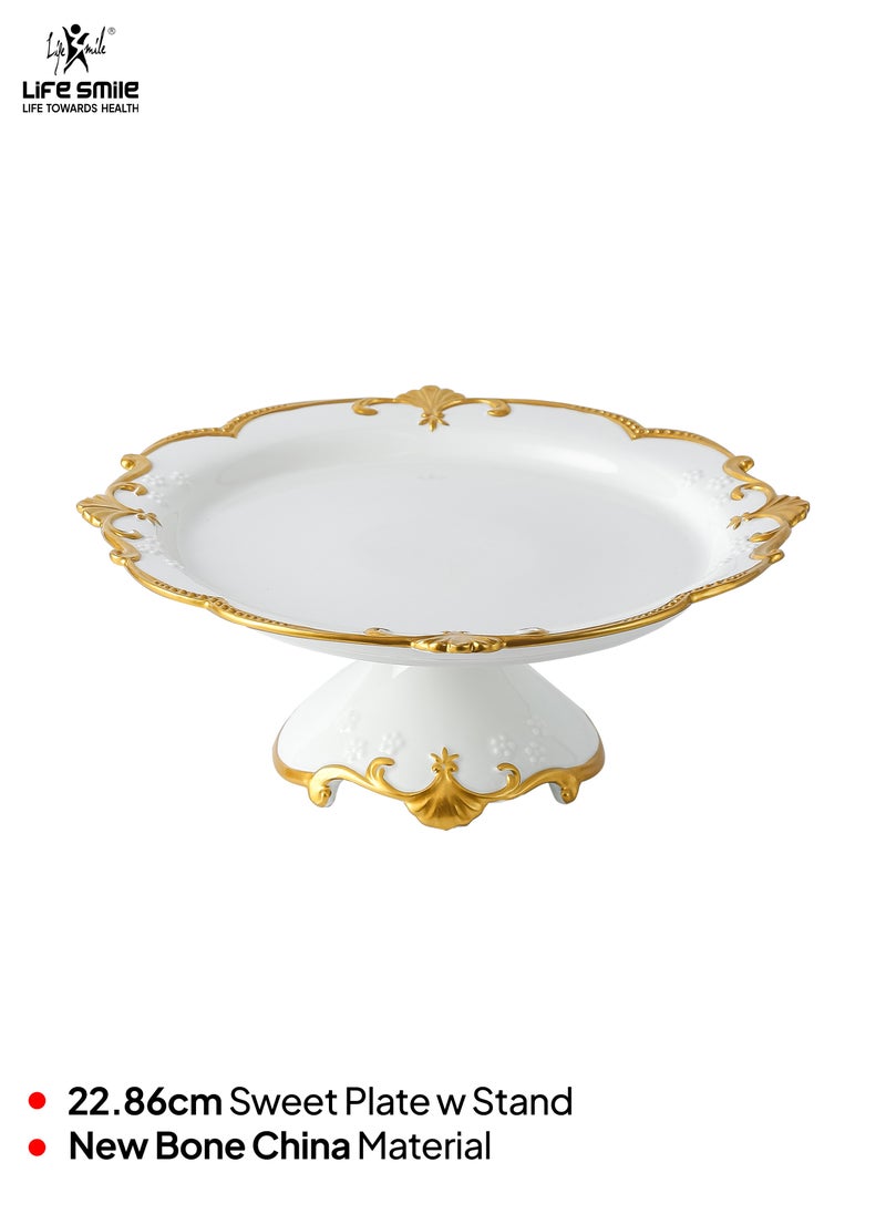 Life Smile LIFE SMILE White Cake Plate with Floral Gold Stand - Luxury Bone China Pastry & Dessert Server  - Image 2