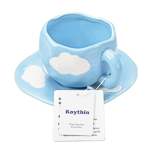 Koythin Ceramic Coffee Mug with Saucer Set, Cute Cloud Coffee Mug and Cup for Office and Home, Blue Sky and White Clouds Cups, 10 oz/300 ml for Latte Tea Milk - Image 3