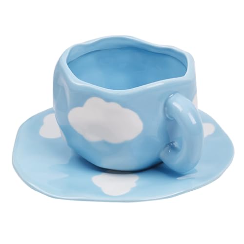 Koythin Ceramic Coffee Mug with Saucer Set, Cute Cloud Coffee Mug and Cup for Office and Home, Blue Sky and White Clouds Cups, 10 oz/300 ml for Latte Tea Milk - Image 1