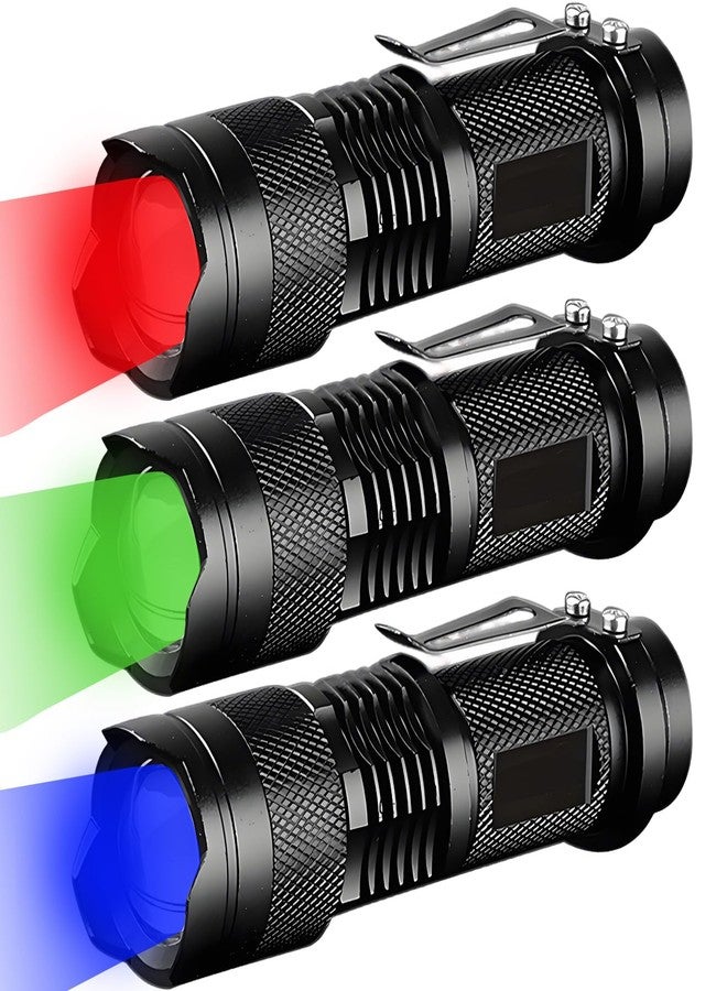 MVIOCS مجموعة من 3 مصابيح يدوية صغيرة ساطعة من MVIOCS بألوان الأحمر والأخضر والأزرق، مصباح LED صغير عالي الإضاءة بثلاثة أوضاع إضاءة، مصباح قابل للتكبير مع مشبك، مثالي للتخييم والأنشطة الخارجية والصيد وحالات الطوارئ. - Image 1