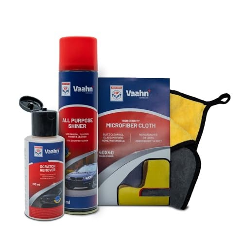 HP Vaahn Car Restoration Kit | Exterior Touch-Up Kit | Scratch Remover (100ml), All Purpose Shiner (300ml) & Microfiber Cloth (40x40 cm, 500 GSM) | Paint Restore & Shine Combo - Image 1