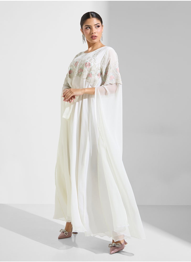 hayas closet Stylish Embroidered Cape Sleeve Dress  - Image 1