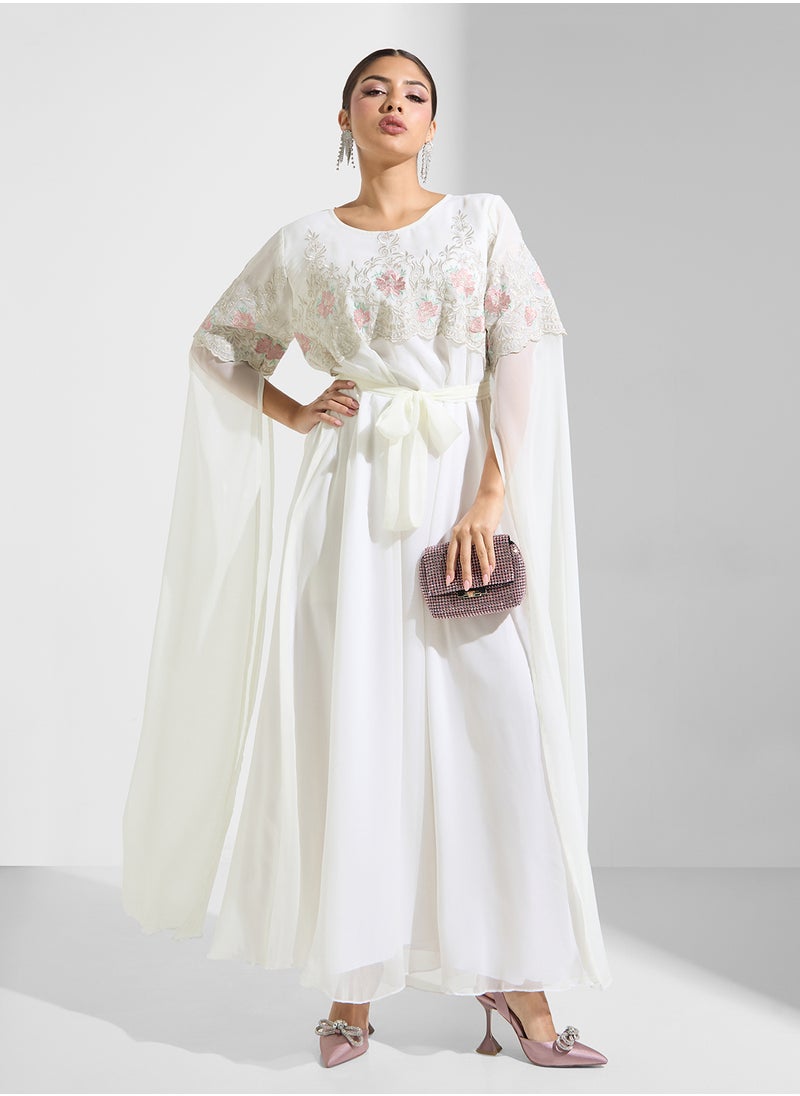 hayas closet Stylish Embroidered Cape Sleeve Dress  - Image 4