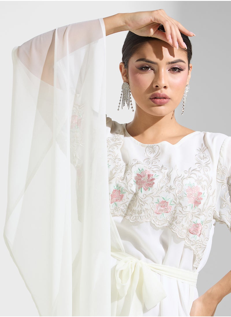 hayas closet Stylish Embroidered Cape Sleeve Dress  - Image 3