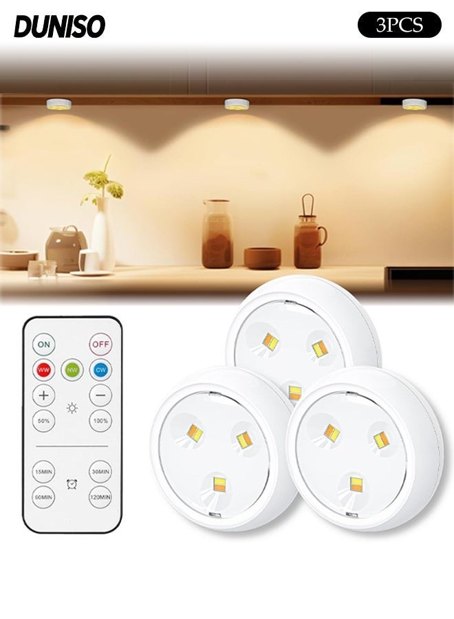DUNISO LED Puck Lights,3 Color Light,Battery Operated Push Light Under Cabinet Light with Remote Control Dimmable Tap Lights,Suitable for Closet Kitchen and Shelf - Image 1