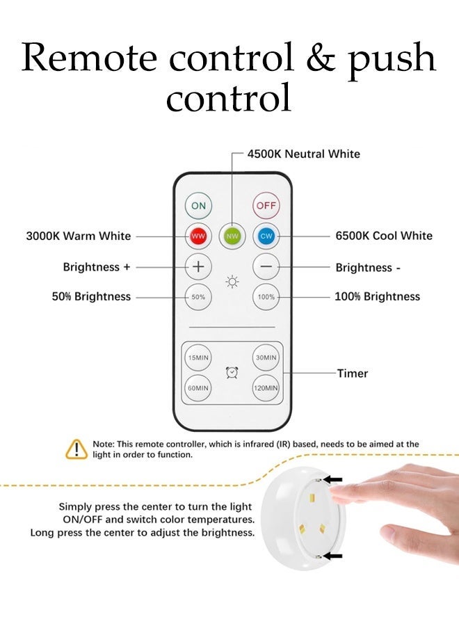 DUNISO LED Puck Lights,3 Color Light,Battery Operated Push Light Under Cabinet Light with Remote Control Dimmable Tap Lights,Suitable for Closet Kitchen and Shelf - Image 4
