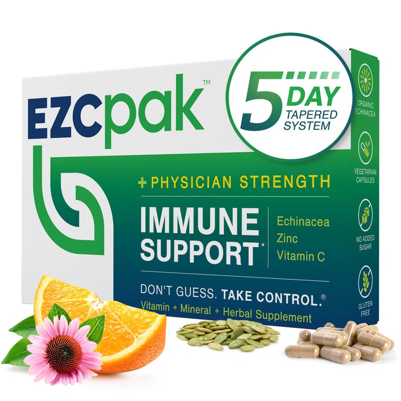 EZC Pak EZC باك 5 أيام دعم المناعة المتدرج - مكمل دعم المناعة بالفيتامينات، إشنسا، زنك، فيتامين C، فيتامينات لدعم نظام المناعة، معززات المناعة للبالغين - فيتامينات دعم المناعة - Image 1
