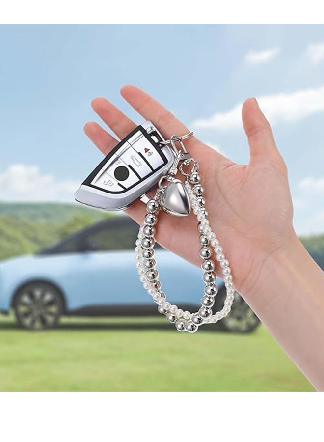 لطيف حقيبة اللؤلؤة سحر سلسلة المفاتيح، الفضة اللؤلؤة حقيبة القلب، سحر سيارة حقيبة الظهر الهاتف سلسلة المفاتيح هدايا للمرأة (الفضة) - Image 3
