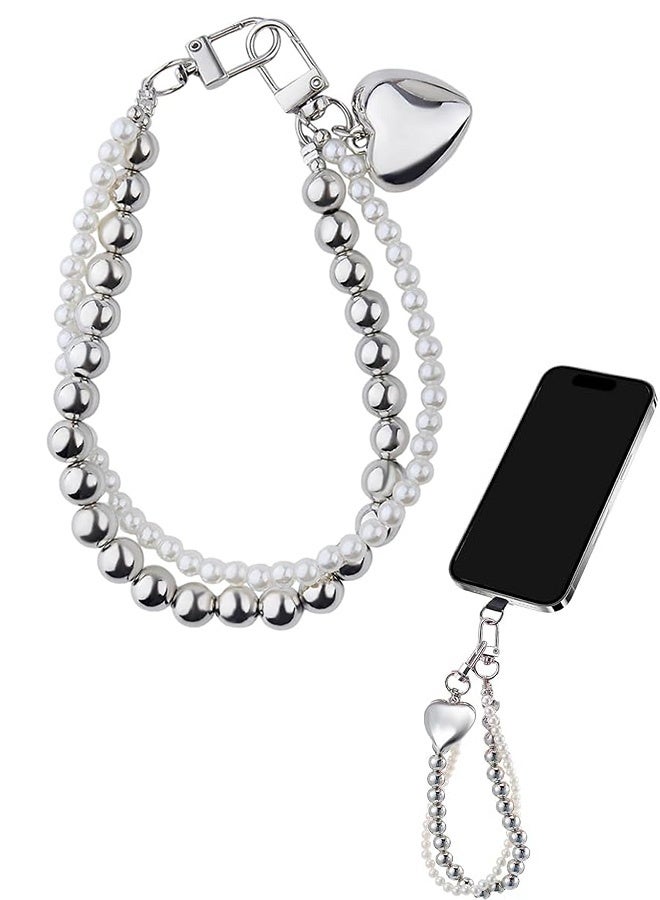 لطيف حقيبة اللؤلؤة سحر سلسلة المفاتيح، الفضة اللؤلؤة حقيبة القلب، سحر سيارة حقيبة الظهر الهاتف سلسلة المفاتيح هدايا للمرأة (الفضة) - Image 1