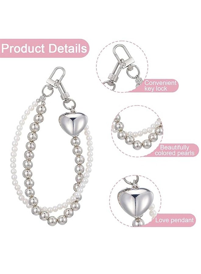 لطيف حقيبة اللؤلؤة سحر سلسلة المفاتيح، الفضة اللؤلؤة حقيبة القلب، سحر سيارة حقيبة الظهر الهاتف سلسلة المفاتيح هدايا للمرأة (الفضة) - Image 2