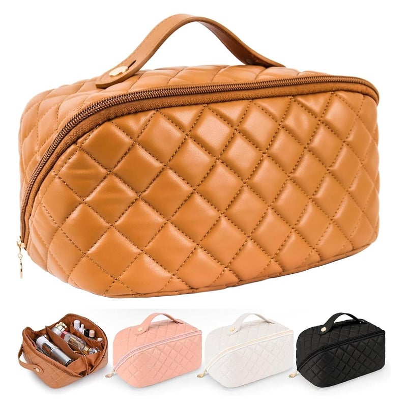GHIME Cosmetic Bag for Women Makeup Bag PU Leather Portable and Large Capacity Makeup Storage Bag with Handle and Divider 2 Brown Travel - Image 1
