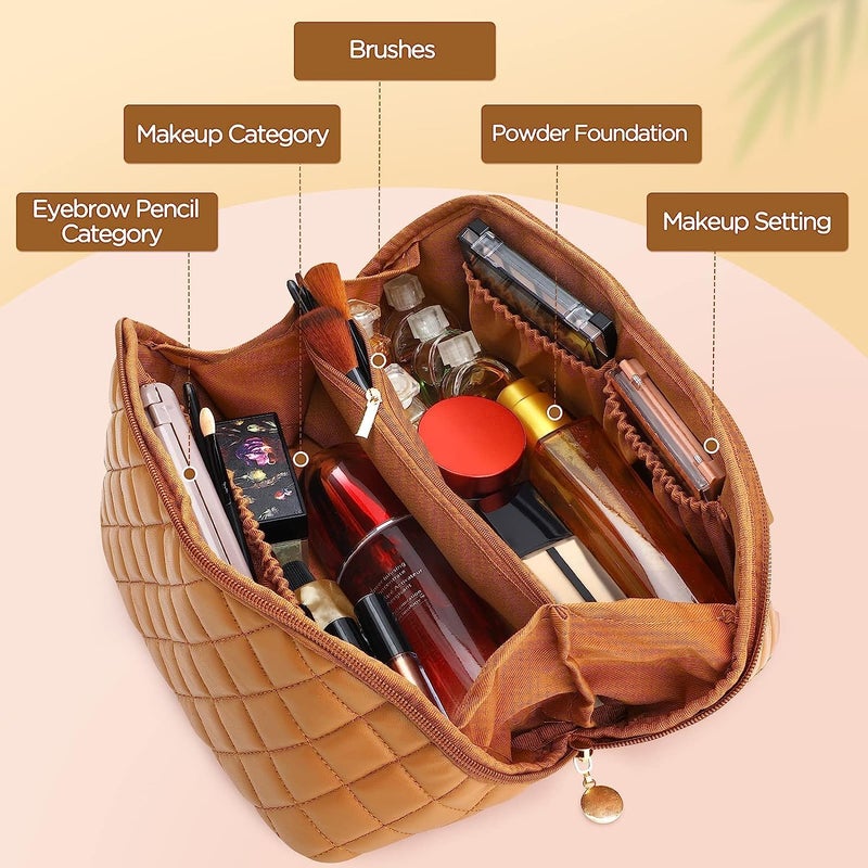 GHIME Cosmetic Bag for Women Makeup Bag PU Leather Portable and Large Capacity Makeup Storage Bag with Handle and Divider 2 Brown Travel - Image 2