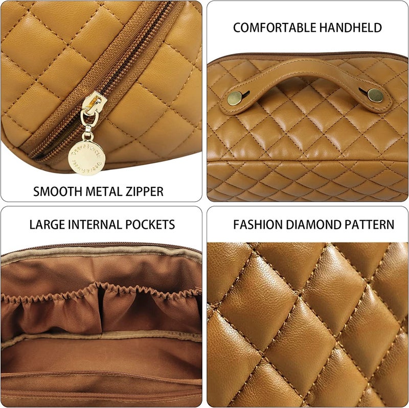 GHIME Cosmetic Bag for Women Makeup Bag PU Leather Portable and Large Capacity Makeup Storage Bag with Handle and Divider 2 Brown Travel - Image 3